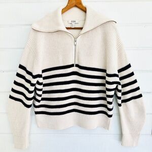 COS Wool/Cotton Blend 1/2 Zip Boxy Pullover sweater in Ivory/Black Stripe - M